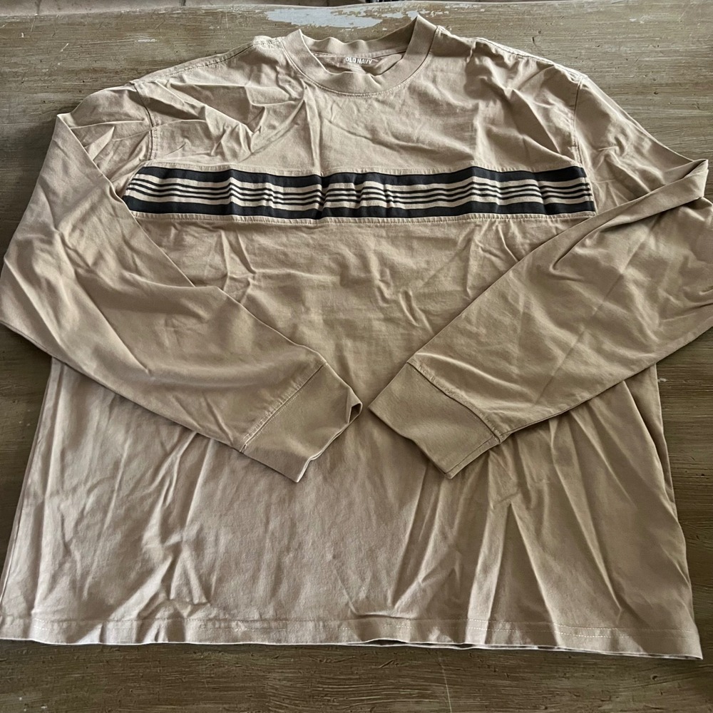 NWT Old Navy Mens L Heavyweight Chest Stripe Long Sleeve T-Shirt Tan Preppy